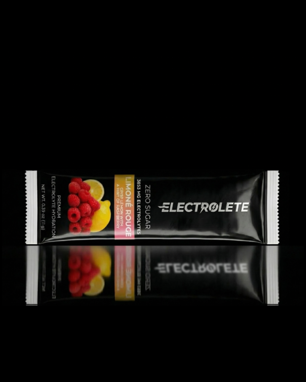 Electrolyte supplement stick pack with lemons and raspberries illustration on a black background