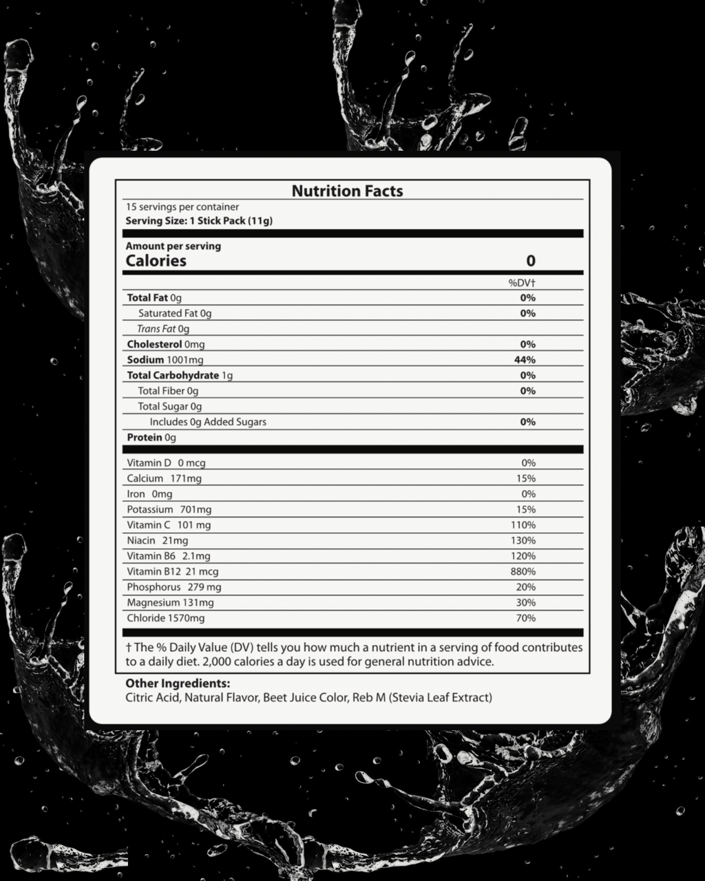 Nutrition facts label on a black background with water splashes