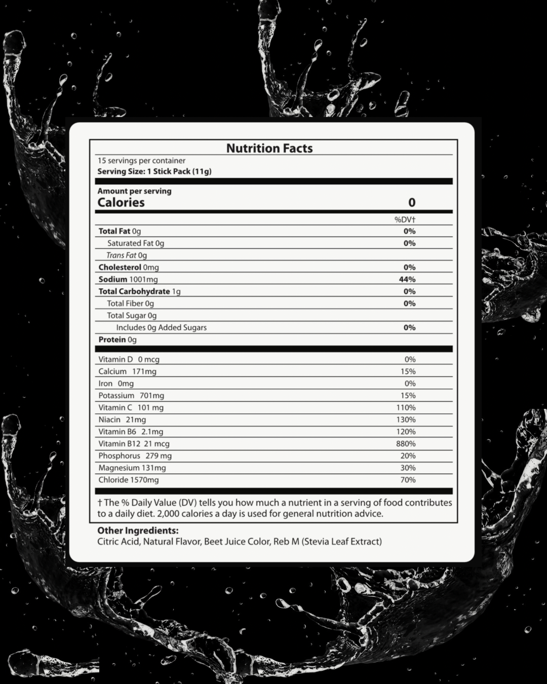 Nutrition facts label on a black background with water splashes