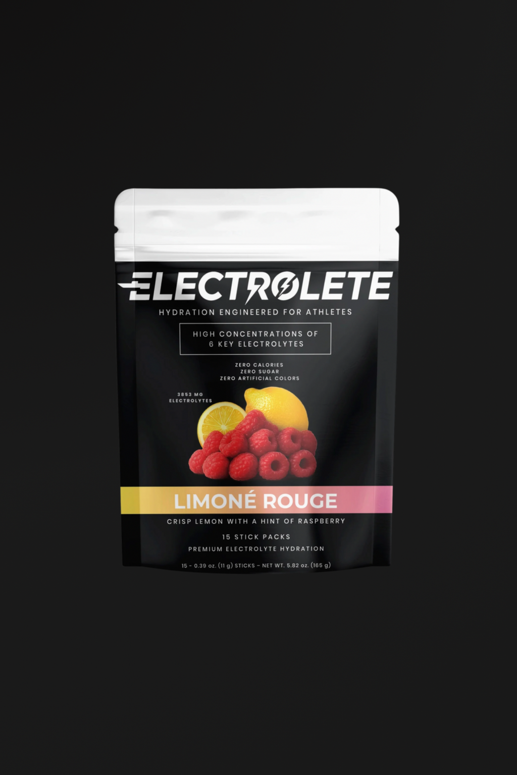 Electrolyte supplement package with crisp lemon with a hint of raspberry flavor on a black background, with high concentrations of 6 key electrolytes, 3853 mg electrolytes total. Hydration engineered for athletes.