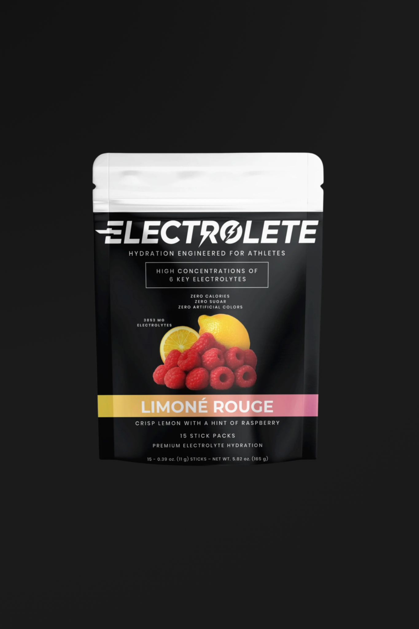 Electrolyte supplement package with crisp lemon with a hint of raspberry flavor on a black background, with high concentrations of 6 key electrolytes, 3853 mg electrolytes total. Hydration engineered for athletes.