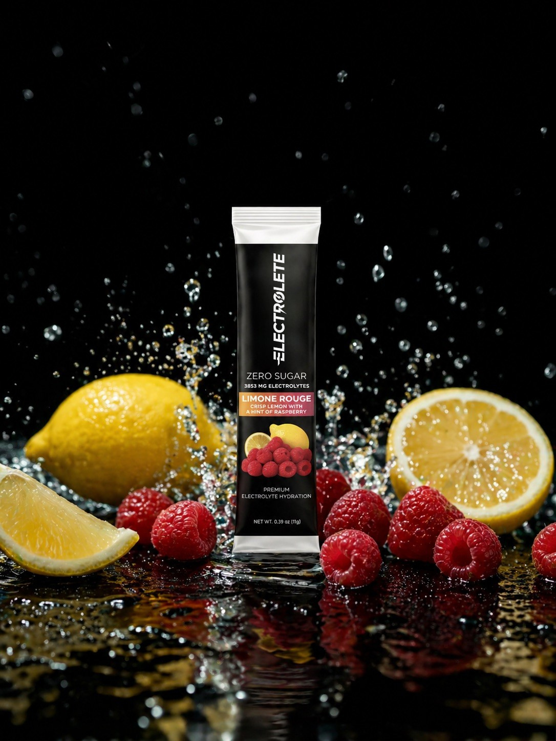 Electrolyte supplement stick pack with lemons and raspberries on a wet surface