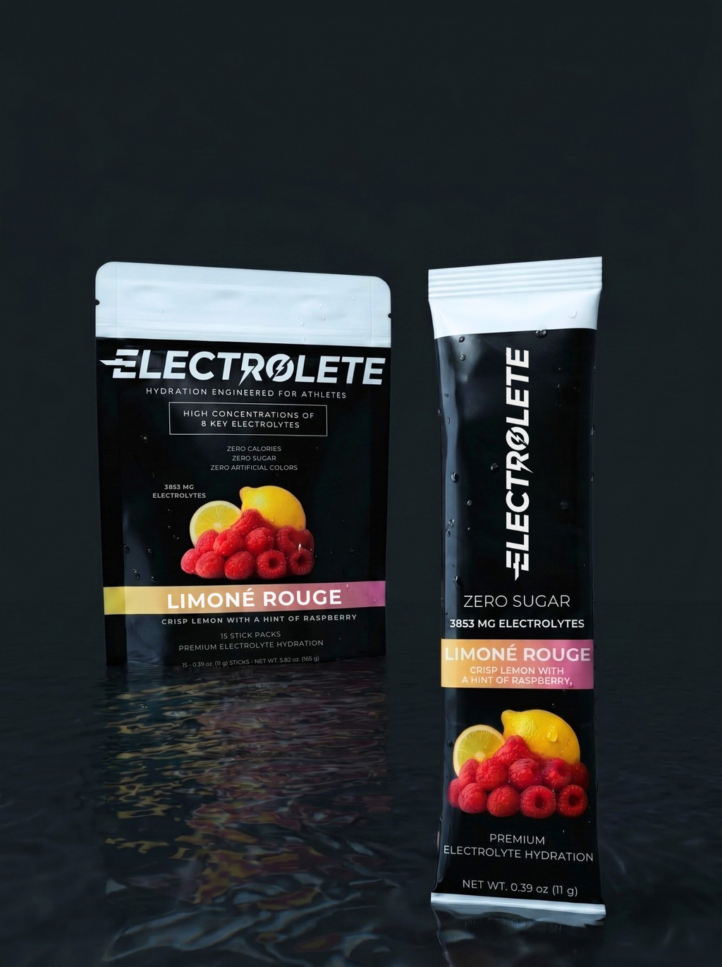 Electrolyte supplement package and stick pack on a dark background on a wet surface